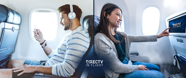 airline passengers watching TV on seatback screen and personal device